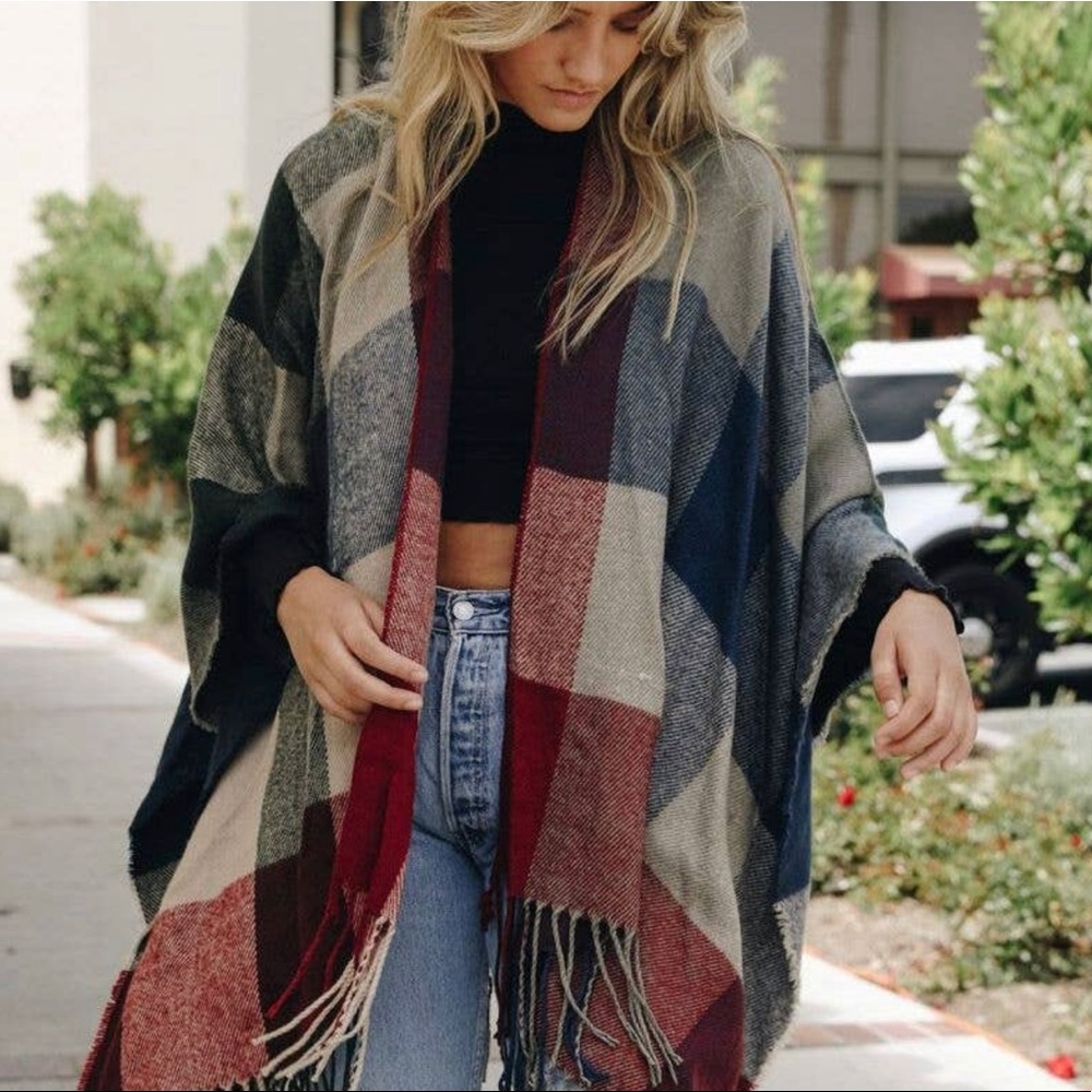 Checkered plaid tassel kimono wrap scarf